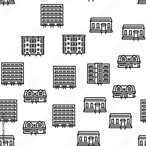 House Architectural Exterior Vector Seamless Pattern Thin Line Illustration
