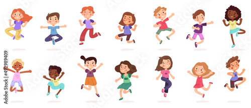 Happy jumping kids, cute active cartoon children characters. Little kids different activities vector illustration set. Children having fun and laughting together