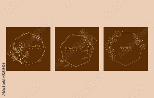 Polygon Line Art Design Flower Leaf Frame Greeting Wedding Invitation Card