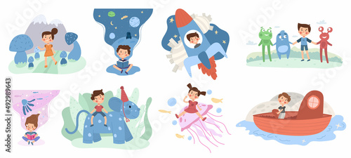 Kids cartoon imagination, children fantasy world. Cute baby imagine magical creatures friends vector illustration set. Childhood imagination, dream adventure