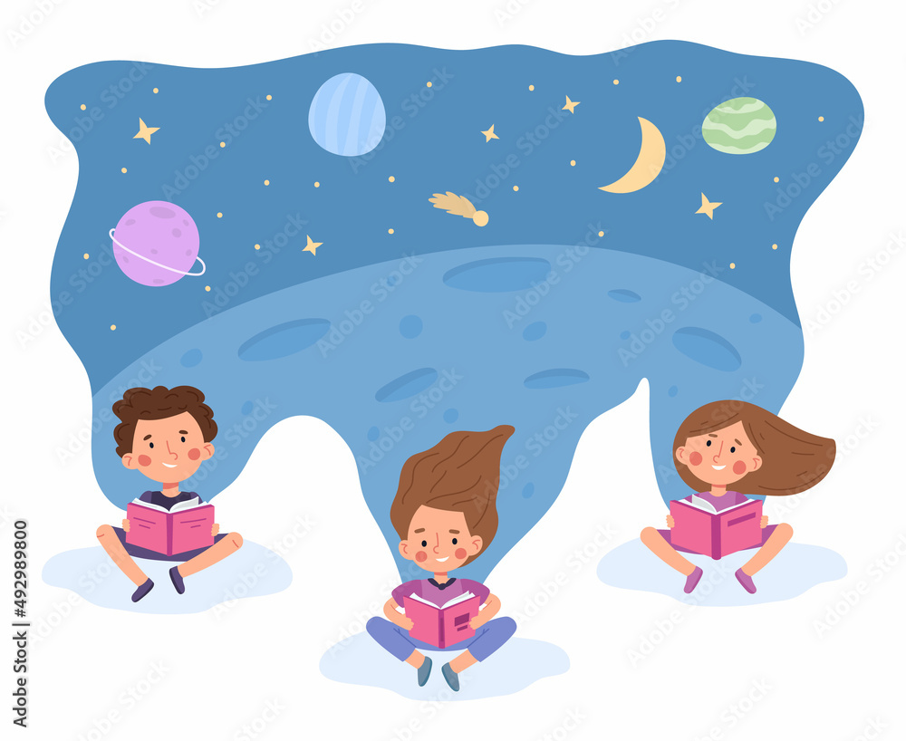 Imagination book world, children fantasy concept. Kids imagine magic fairy tale vector illustration. Boy and girl imagine magic life reading story book Imagination book world, children fantasy concept. Kids imagine magic fairy tale vector illustration. Boy and girl imagine magic life reading story book