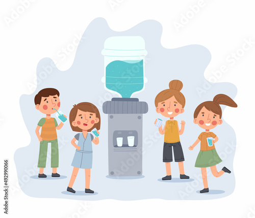 Kindergarten children drinking water, kids near school water cooler. Thirsty girls and boys vector illustration. Kids holding water glasses