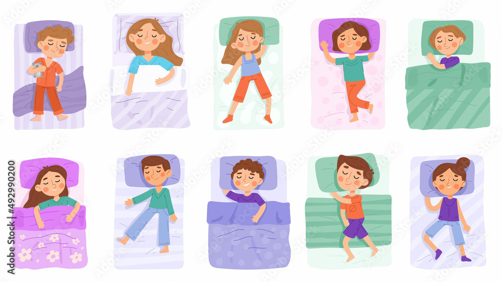 Kids in bed, sleeping children, cartoon bedtime characters. Kindergarten children having night dream vector illustration set. Baby characters resting under blankets