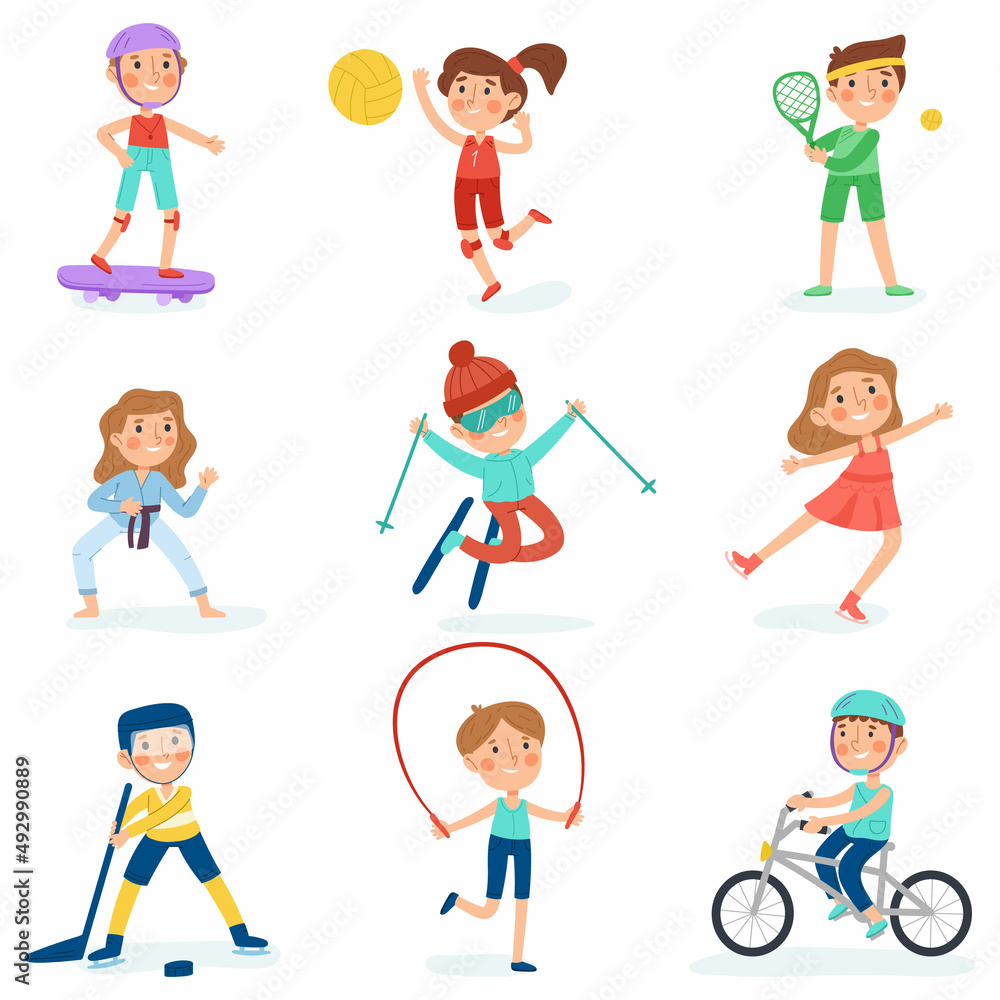 Sport kids, cartoon baby athletes, kindergarten sport activities. Children basketball, football and gymnastics exercises vector illustration set. Sporty and healthy childhood