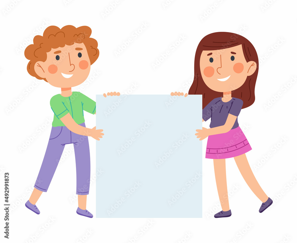Cartoon kids holding blank banner, boy and girl with empty placard. Little kindergarten boy and girl with blank poster vector illustration. Cute kids with advertising banner Cartoon kids holding blank banner, boy and girl with empty placard. Little kindergarten boy and girl with blank poster vector illustration. Cute kids with advertising banner