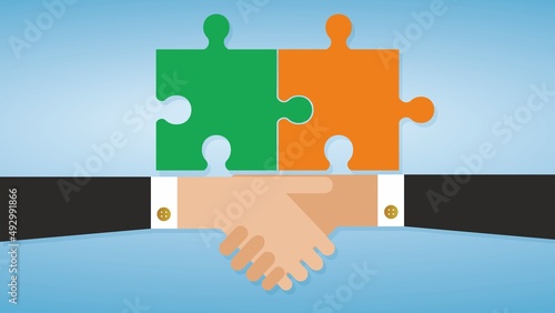 Handshake with two puzzlepieces. Square composition. Vector illustration. photo