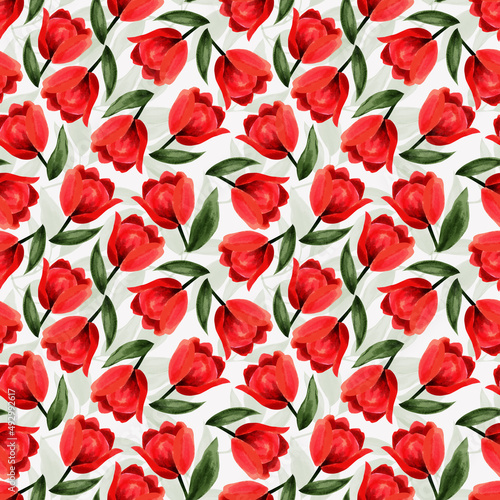 Floral seamless pattern  Flower bright background  Botanical print  Garden flower wallpaper  Meadow blooming ornament  Red tulips repeat design