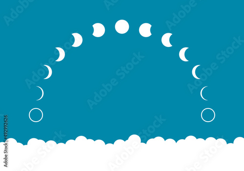 Moon different phases or lunar phases curve with white cloud on blue background flat vector design icon.