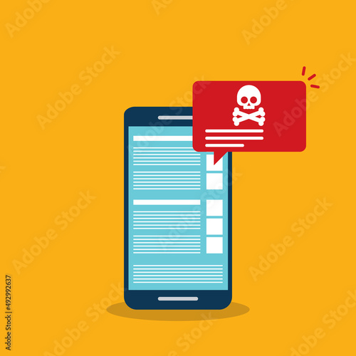 Malware , virus attack warning alert online on mobile cell phone, internet security threat. Vector illustration