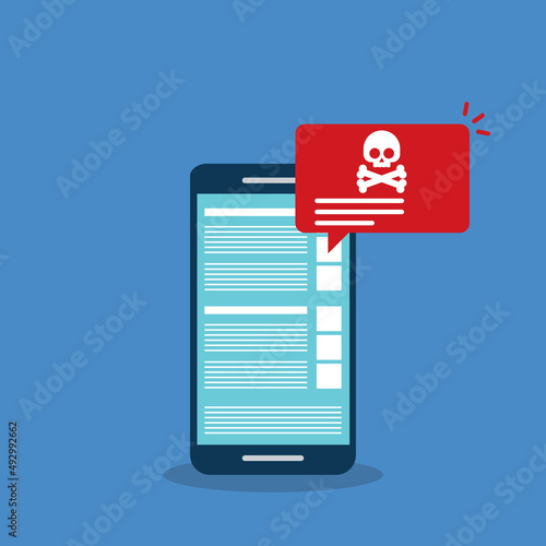 Malware , virus attack warning alert online on mobile cell phone, internet security threat. Vector illustration