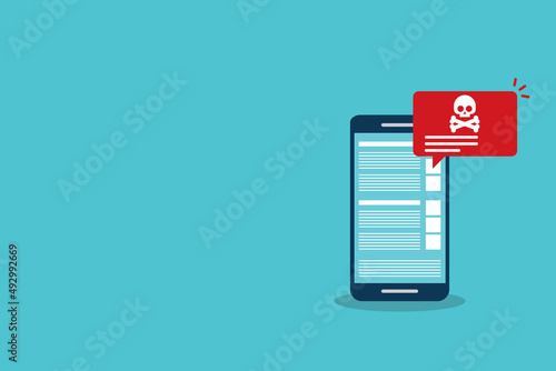 Malware , virus attack warning alert online on mobile cell phone, internet security threat. Vector illustration