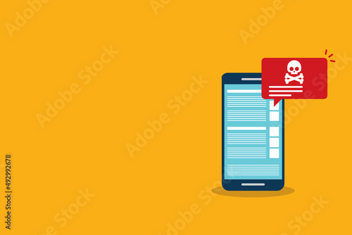 Malware , virus attack warning alert online on mobile cell phone, internet security threat. Vector illustration