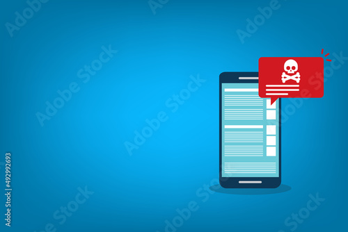 Malware , virus attack warning alert online on mobile cell phone, internet security threat. Vector illustration