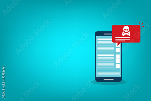 Malware , virus attack warning alert online on mobile cell phone, internet security threat. Vector illustration