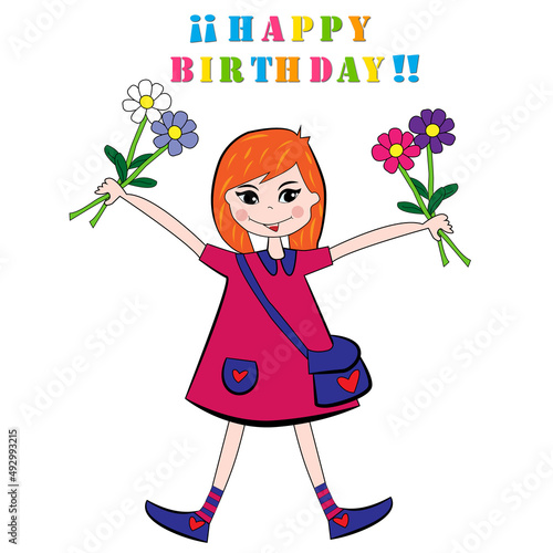 Felicitación de cumpleaños con niña feliz y margaritas.	2