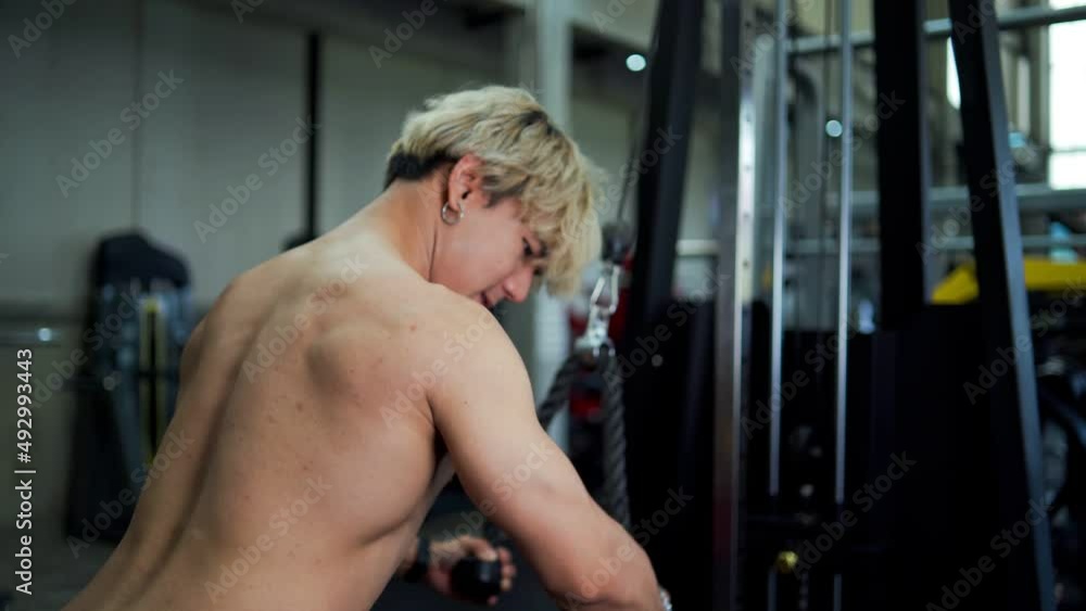 Gym Workout With Asian Man, Lateral Row Machine, Strength Fitness. Asian Man Using Exercise Equipment In Gym For Bodybuilding. Gym Workout With Asian Man, Lateral Row Machine, Strength Fitness. Asian Man Using Exercise Equipment In Gym For Bodybuilding.