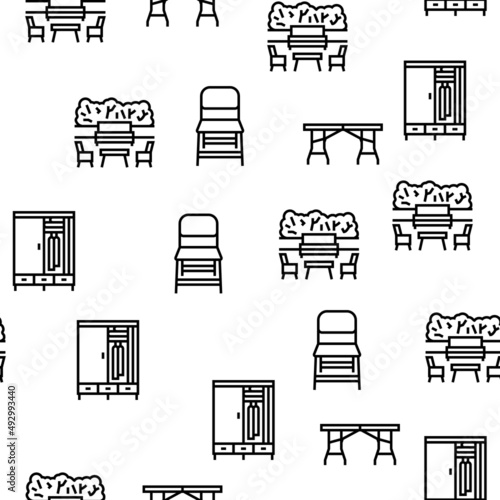 Furniture For Home And Backyard Vector Seamless Pattern Thin Line Illustration