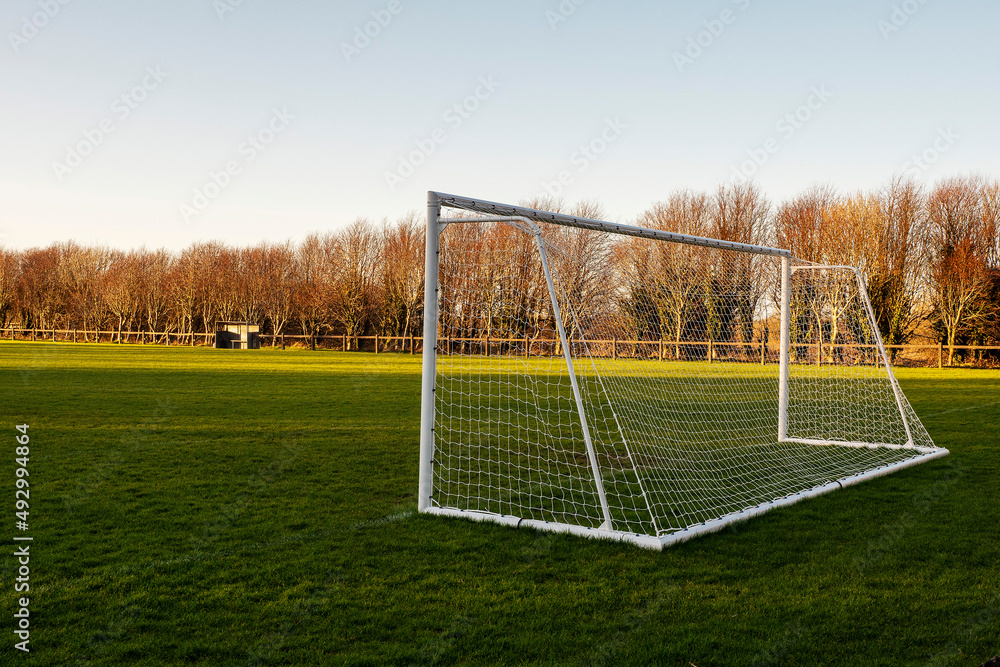Football or soccer goal post on a green grass pitch in a park. Nobody. Calm mood. Sport theme background. Training ground for outdoor activity