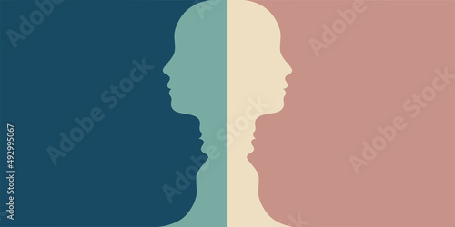Head up and head down. Metaphor bipolar disorder mind mental. Concept mood disorder. 2 silhouette head. Double face. Split personality. Psychology. Dual personality. Mental health