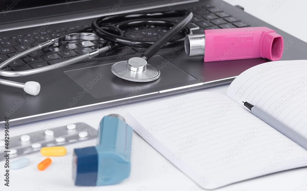 Medical consultation and examination. Prescription for asthma inhaler. Healthcare Medical consultation and examination. Prescription for asthma inhaler. Healthcare