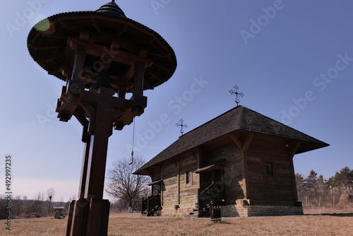 Traditional belfry and prayer house in an old wooden church near Chisinau