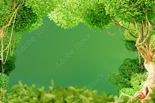 Beautiful summer fantasy forest on green background nature scene 3d render green leaves 