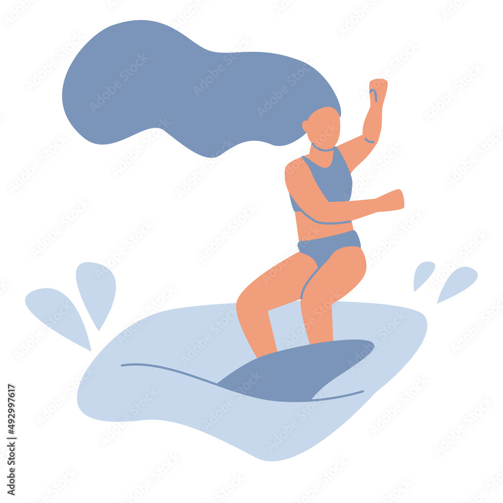 Girl surfer character in swimsuit riding on ocean wave. Summer water sport with surfboard, surfing club or school, active hobby