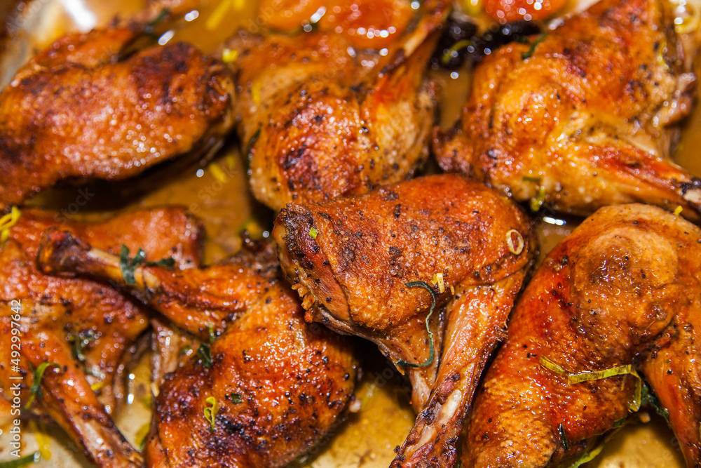 Baked duck drumsticks close up. Baked duck drumsticks close up.