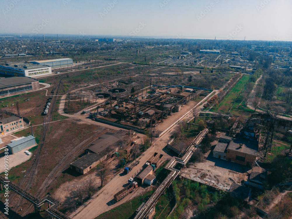 Fototapeta premium Panoramic view of the industrial city of Nikopol in Ukraine. Beautiful landscape in the city. industrial area