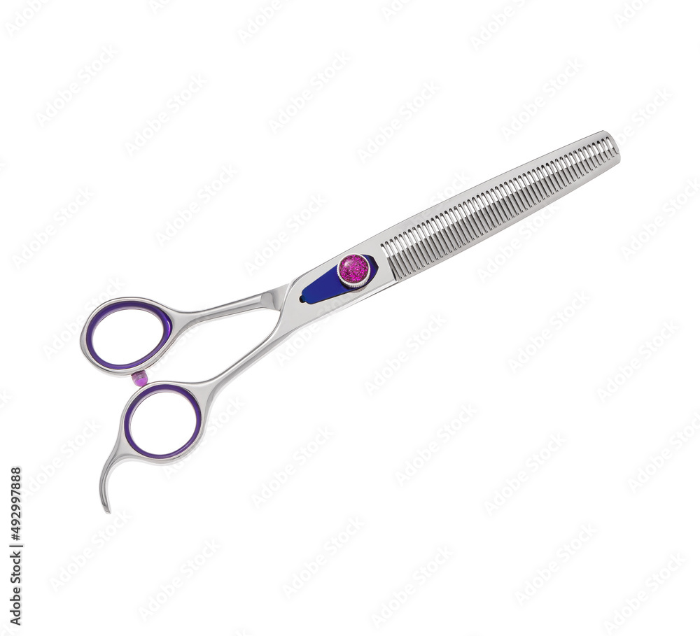 Scissors for cutting people and pets. Grooming scissors. Closed scissors on a white isolated background. Side view. Scissors for cutting people and pets. Grooming scissors. Closed scissors on a white isolated background. Side view.