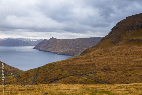 Sunset over the fjord and steep coast in Funnings, Faroe Islands, Denmark. photo