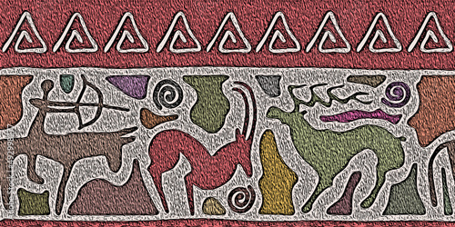 Ethnic border on the theme of rock paintings, vector design. Seamless pattern, banner. 