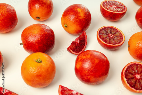 Concept of citrus with red orange on white background