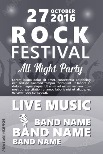 Black and white Cartoon Rock festival design template with crowd on back and place for text.