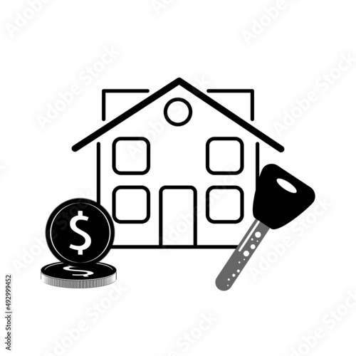Buy sell or rent a house concept. Money, house and key icon isolated on white background