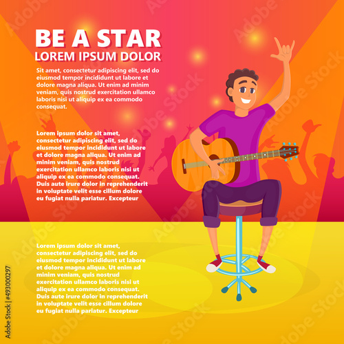Cartoon electric guitar player. Teenage guitarist shows hand up. Vector illustration of young person holding guitar