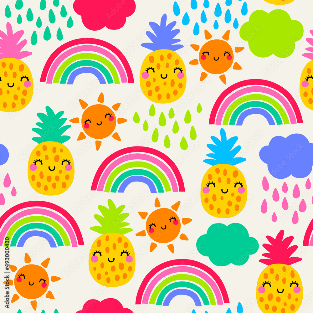 Obraz premium Cute colorful hand drawn pineapple , rainbow, sun, cloud and rain seamless pattern for summer holidays background.