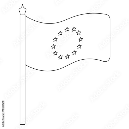 Flag of the European Union. Sketch. Vector illustration. Coloring book for children. The fabric canvas is decorated with twelve stars in a circle. The national symbol develops in the wind. 