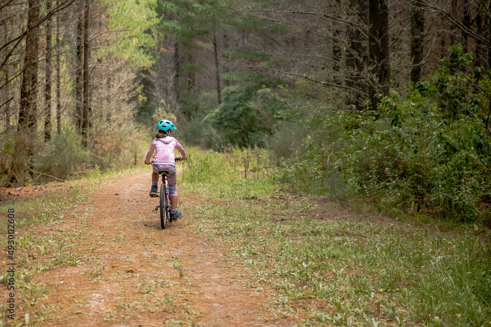 happy child girl riding a bike on natural background, forest or park. healthy lifestyle, family day out. High quality photo