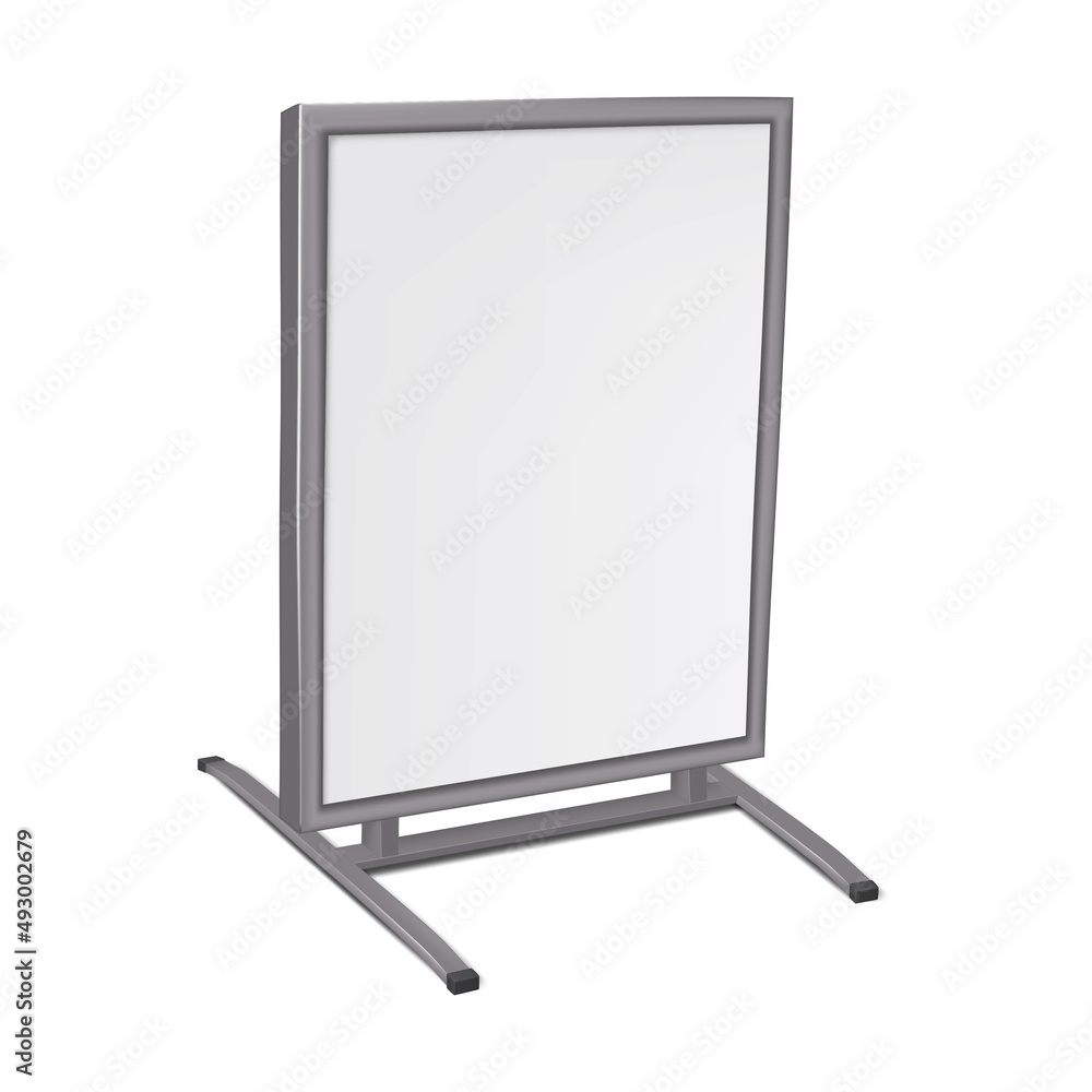 Sidewalk poster sign stand realistic vector mock-up. Floor standing blank white display board mockup. Template for design Sidewalk poster sign stand realistic vector mock-up. Floor standing blank white display board mockup. Template for design