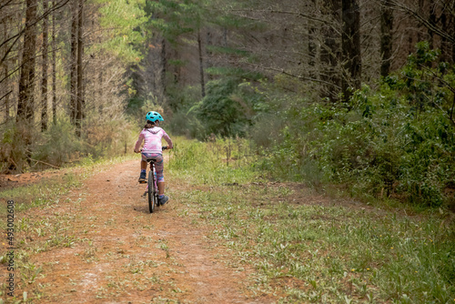 happy child girl riding a bike on natural background, forest or park. healthy lifestyle, family day out. High quality photo © Alena Yakusheva