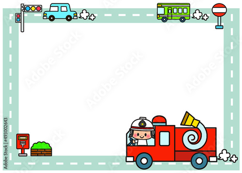 フレーム,消防車,消防士,消防官,防災訓練,防災,避難訓練,ポンプ車,火事,火の用心,119,火災,訓練,消防署,車両,消防隊,消防服,ホース,乗り物,防災の日,車,職業,社会,自動車,働く車,消防自動車,可愛い,道路,枠,飾り枠,走る,道,安全,案内,お出かけ,かわいい,ポスト,運転,イラスト,信号機,メッセージ,お知らせ,見出し,タイトル,広告,注目,救急,ベクター,素材