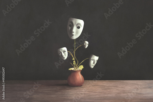 Illustration of plant that grows blossoming in surreal theatrical masks, surreal abstract concept photo