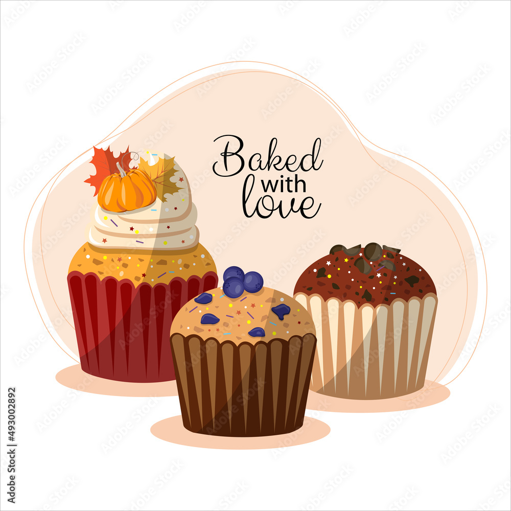 Cupcake. Baked with love. Three decorated muffins with cream, ice cream. For menus, posters, postcards, banners of cafes Cupcake. Baked with love. Three decorated muffins with cream, ice cream. For menus, posters, postcards, banners of cafes