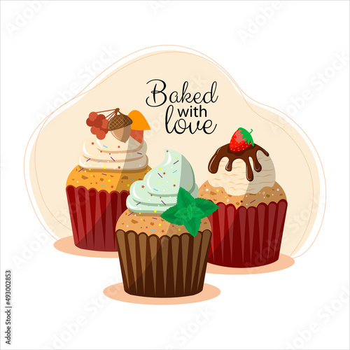 Cupcakes culinary greeting card. Baked with love. Three decorated muffins with cream  ice cream. For menus  posters  banners of cafes