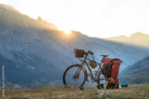 Packed Travel bicycle with a sunset