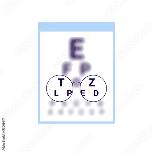 Test table with clarity vision eye in glasses and blur outside vision, chart check eyevision. Visual impairment, myopia correction. Vector illustration