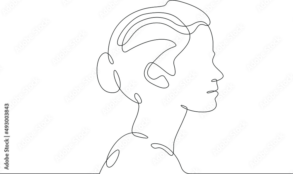 Continuous one line drawing sketch design illustration.Portrait of the head of a female character in profile.Woman face Abstract concept line art silhouette contour. Graphic design outline isolated ic