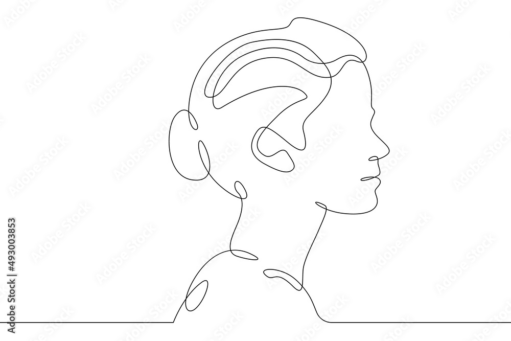 Continuous one line drawing sketch design illustration.Portrait of the head of a female character in profile.Woman face Abstract concept line art silhouette contour. Graphic design outline isolated ic