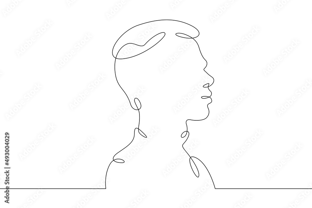 Continuous one line drawing sketch design illustration.Portrait of the head of a male character in profile. Abstract concept line art silhouette contour. Graphic design outline isolated icon symbol.
